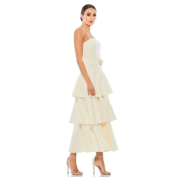 MAC DUGGAL Spaghetti Straps Tiered Tea-Length Dress in White Ivory Size US 12 - Picture 2 of 10